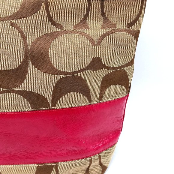 EUC Coach Signature Stripe Patent Leather Tote Shoulder Bag Khaki Pink 12429. - Picture 6 of 15